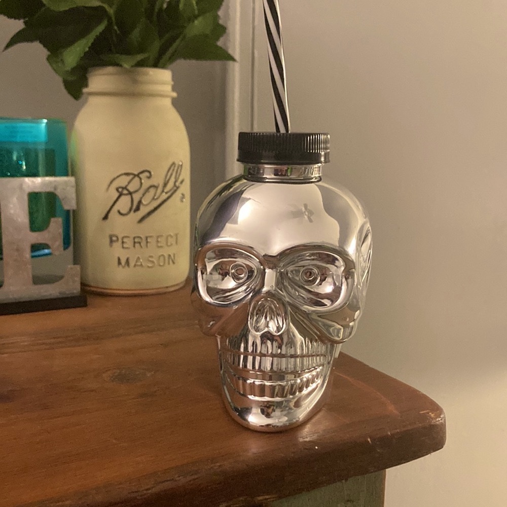 Brand NWT Metallic Silver Skull Shaped Plastic Canteen Tumbler -Lid & Straw